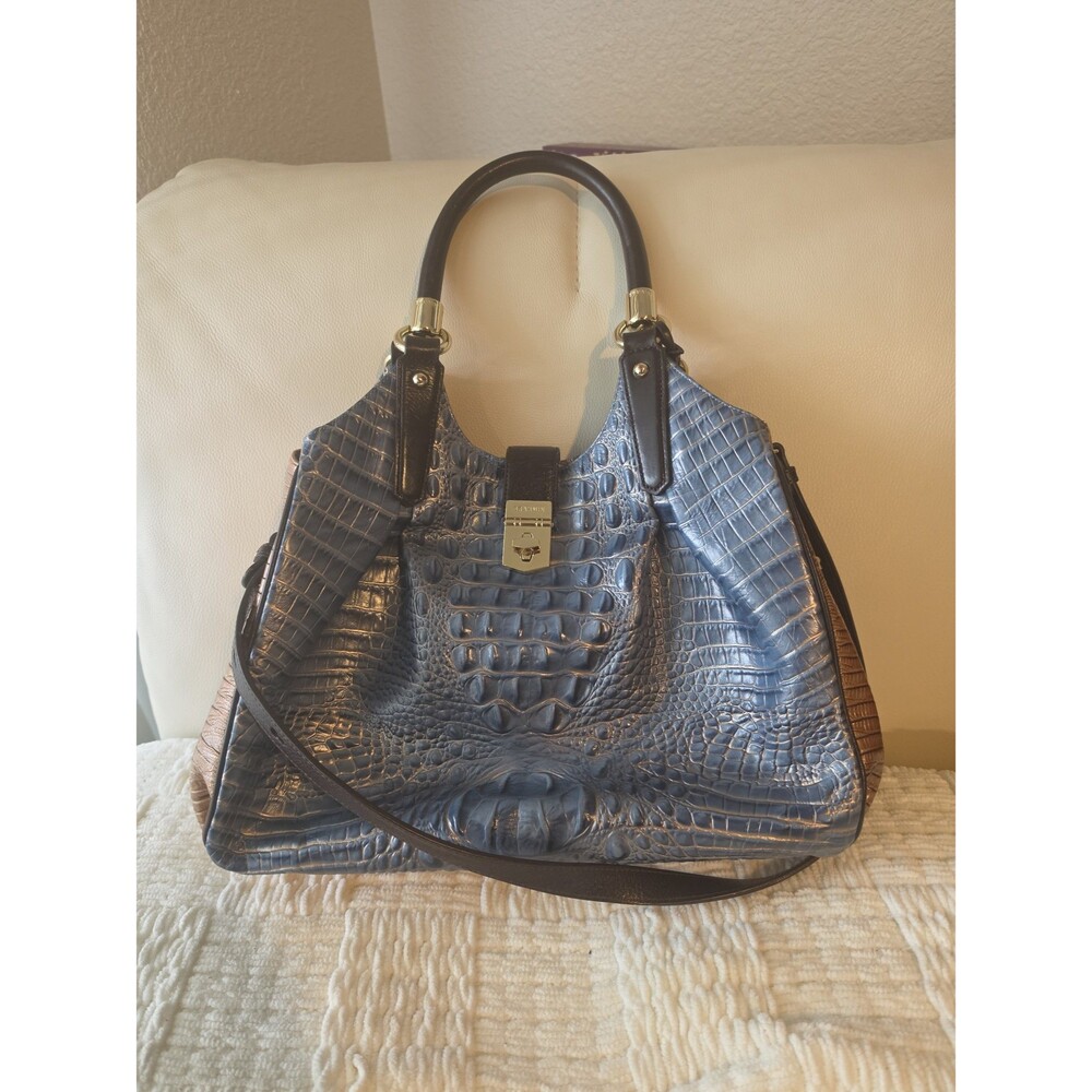 Brahmin Blue Elisa Croc Embossed Leather Shoulder Bag